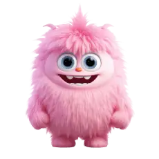 Pink fluffy monster with big blue eyes and smile.
