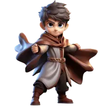 3D chibi wizard boy in flowing brown cloak.