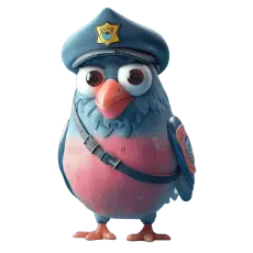 3D police bird with big eyes and badge.