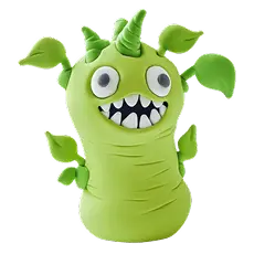 Green clay monster with big eyes and horns.