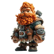 3D dwarf warrior with braided orange beard and armor.
